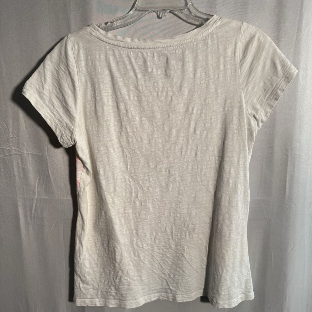 Lands End Floral Tee Womens Medium Pink Yellow Striped Casual Summer Top - Picture 2 of 6